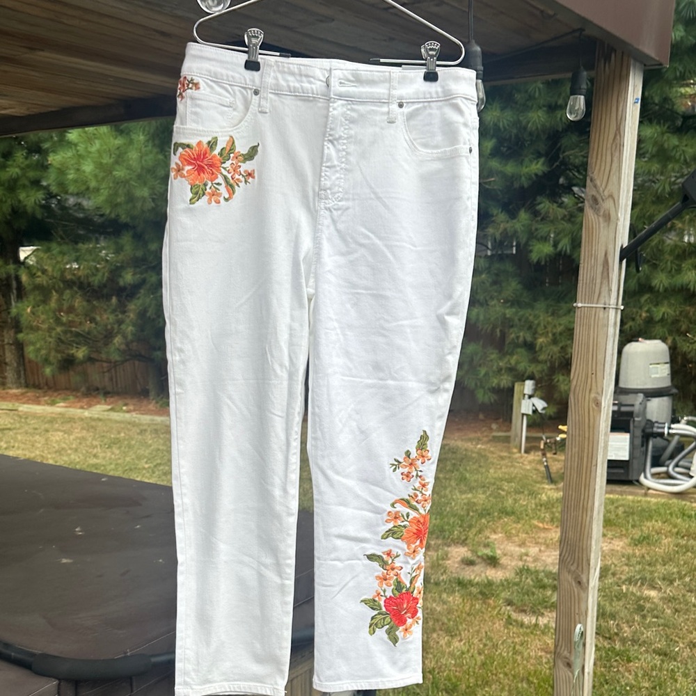 Chico's White Jeans with Orange Floral Embroidery